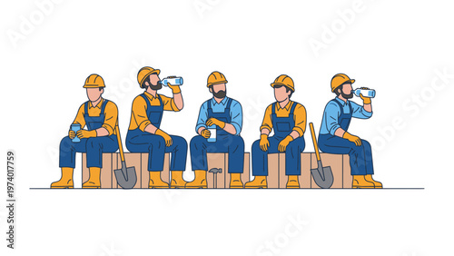 Resting Construction Workers: A group of construction workers take a well-deserved break, sitting on wooden planks and drinking water, their tools resting nearby, capturing a moment of rest.