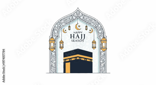 Illustration of a Happy Hajj Season Greeting with Kaaba and Archway