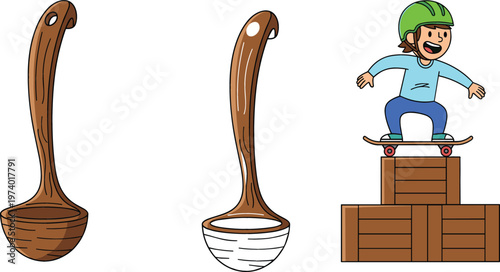 Wooden ladles kitchen utensils and boy skateboarding on stacked boxes playful cartoon vector illustration collection