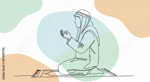Islamic prayer, Muslim man praying, simple line art, minimalist vector illustration