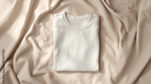 Blank white t-shirt mockup folded on elegant wavy beige fabric with artistic sunlight and deep natural shadows.