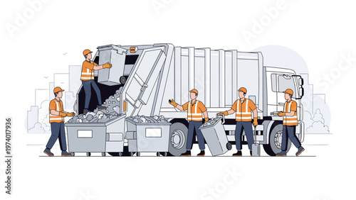Waste Management Workforce: A dedicated team of waste management professionals diligently empties trash bins into a specialized refuse truck, highlighting the vital role of sanitation. 
