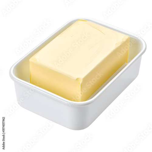 Block of Yellow Butter in White Ceramic Butter Dish, Transparent Background