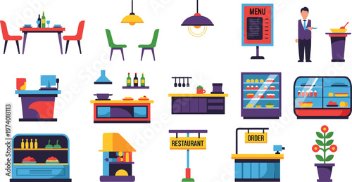 Restaurant Interior Vector Set with Furniture Menu Counter Kitchen Equipment Isolated on White Background