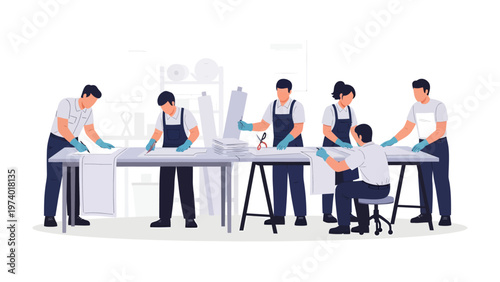 Collaborative Craftsmanship: A team of skilled artisans works diligently at a long table, focusing on their craft. Meticulous precision and shared dedication create a symphony of creative synergy.