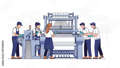 Weaving Team in action: Team of textile worker operates a loom and oversees the weaving process. capturing the pure expertise and knowledge of the industry.