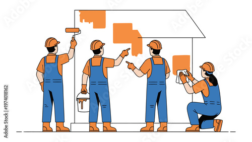 Painting Progress: A team of construction workers is focused on painting the exterior of a home, each contributing their skills to transform the house with fresh color.