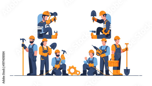 Construction Team with Tools: A team of construction workers is presented with a diverse array of tools in an illustration, showcasing their skills and dedication in the construction industry.
