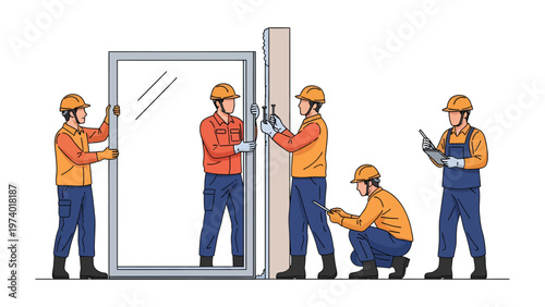 Teamwork on Construction: A focused construction crew working together to install a window frame, highlighting collaboration and precision in their task.