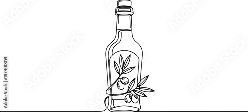Continuous one line of an olive oil bottle, symbol of healthy cooking, style hand drawing vector illustration.