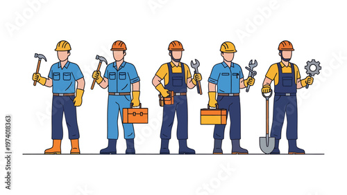 Builders Lineup: A group of construction workers, each holding essential tools of their trade, stand confidently in a row, embodying the essence of skillful craftsmanship and industry. 