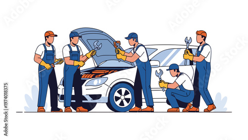 Automotive Maintenance Team: A coordinated team of skilled automotive technicians meticulously inspects and repairs a car, highlighting their collaborative efforts.