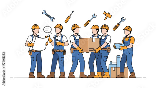 Construction Crew's Synergy: A dynamic illustration depicts construction workers in synchronized teamwork, utilizing tools and resources, representing collaborative efficiency and precision.
