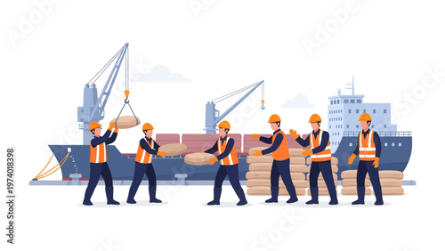 Seafaring Team in Action: A team of dockworkers and a crane diligently load cargo onto a large ship in a bustling harbor, symbolizing industry, logistics, and hard work.