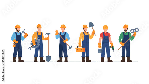 Team of Builders and Engineers: A group of construction workers, each bearing their essential tools, stand together ready for the next project 
