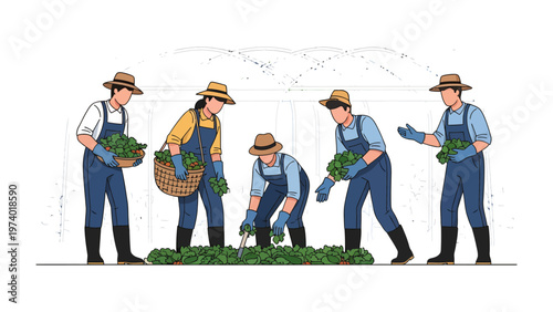 Cultivating Together: A group of farmers engaged in the act of harvesting leafy green vegetables. Portraying a collective spirit and commitment to the land.