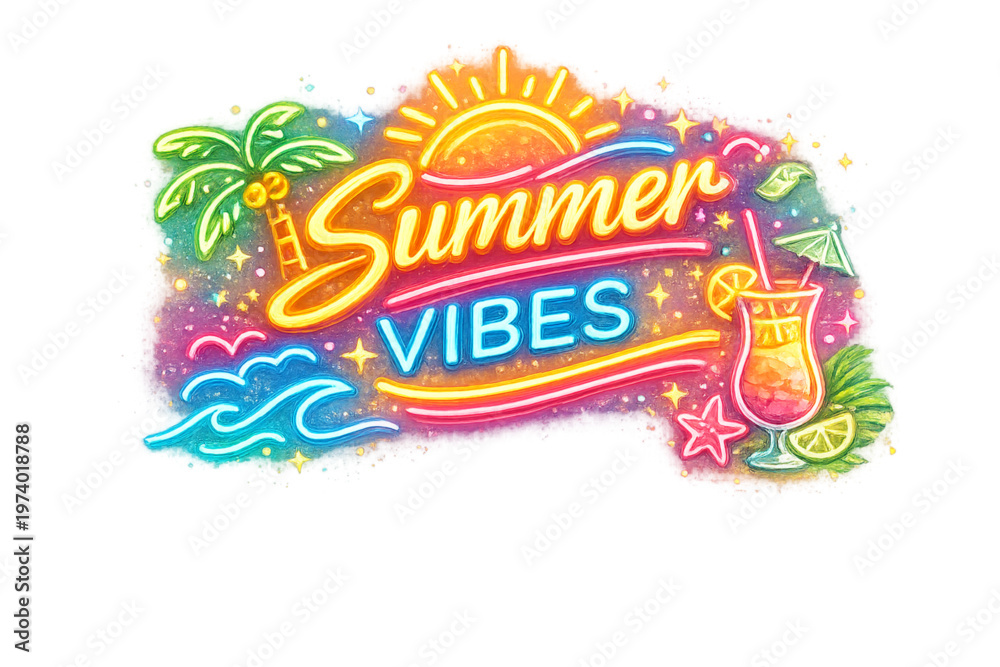 Fototapeta premium summer vibes neon, neon summer design, neon sign, glowing text, neon lights, vibrant colors, summer aesthetic, tropical neon, beach neon, glowing typography, retro neon, nightlife vibes, electric colo