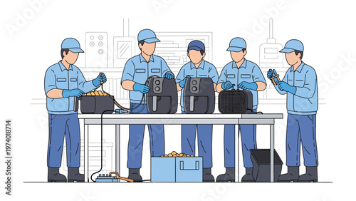 Assembly Line of Innovation: A group of skilled workers meticulously assemble and inspect state-of-the-art appliances, symbolizing precision and collaborative effort within an industrial setting.