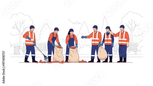 Community Clean-Up: A group of dedicated individuals working together, diligently collecting litter, leaves, and debris to preserve the beauty of their community.