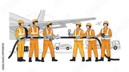 Fueling the Future: A group of aviation technicians work together, fueling a plane with precision and skill, essential to flight.