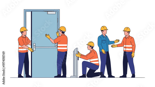 Construction Workers at Work: A team of construction workers is diligently installing a door at a construction site, demonstrating teamwork and professional construction skill.