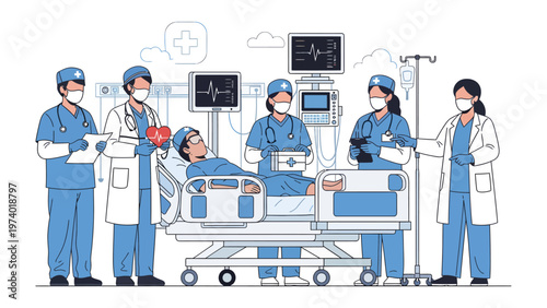 Medical Team's Dedication: An illustration showcasing a dedicated medical team attending to a patient in a hospital room, their actions reflecting care and medical expertise.