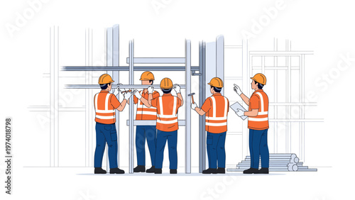 Construction Crew at Work: Illustrative depiction of a construction crew collaborating on a project, showcasing precision, diligence, and cooperation within the building sector.