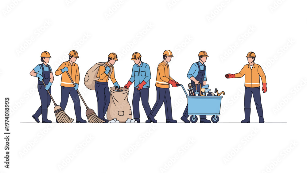 Obraz premium Community Cleanup Crew: A dedicated team of workers takes pride in tidying a public space, showcasing a commitment to environmental care and civic duty.