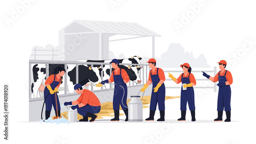 Farm Worker team in Barn: A team of dedicated farm workers diligently tends to livestock within the confines of a spacious barn, showcasing teamwork and care.