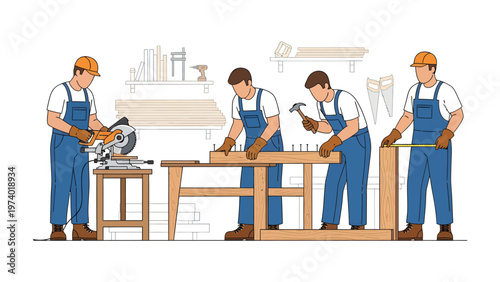 Artisans at Work: Four skilled artisans, engaged in various stages of woodworking, demonstrating the craftsmanship and dedication required to bring wooden creations to life.