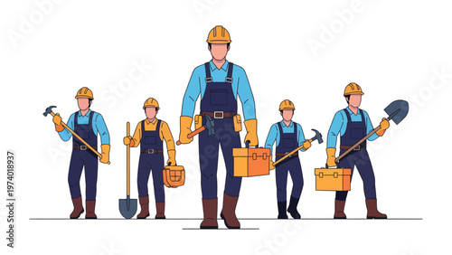 Team of Construction Workers: A cohesive team of construction workers stand united, each equipped with essential tools, ready to build and create, embodying expertise and teamwork.