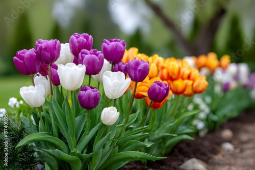Colorful tulips blooming in spring garden bed