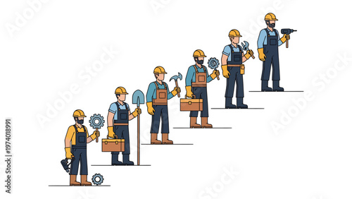 Construction Workers' Sequence: A conceptual illustration depicting construction workers, each holding a different tool, arranged in a sequential order.