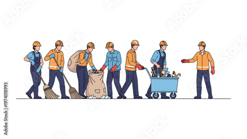 Community Cleanup Crew: A dedicated team of workers takes pride in tidying a public space, showcasing a commitment to environmental care and civic duty.