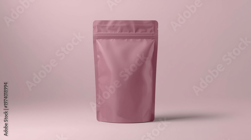 Minimalist matte pink stand-up pouch mockup placed on a soft pink background with clean professional lighting.