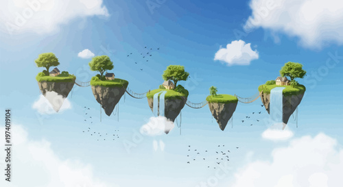 Floating islands with lush green trees and waterfalls suspended in a blue sky with white clouds