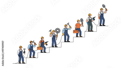 Steps to Success: A construction worker steadily ascends a staircase, each step representing a stage in his career journey, with an array of tools symbolizing growth and industry progression.