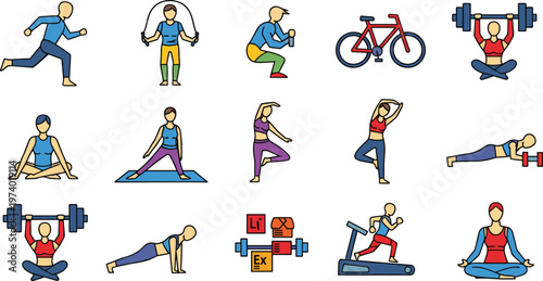 Fitness Exercise Vector Set with Yoga Running Cycling Weightlifting Workout Isolated on White Background