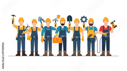 Construction Crew United: A determined construction crew stands shoulder-to-shoulder, each member brandishing their essential tools, ready to embark on building a strong foundation.