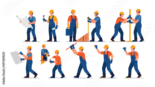 Construction Workers Set: A comprehensive illustration of construction workers, each engaged in a specific task, embodying the diverse roles and activities integral to the building industry.