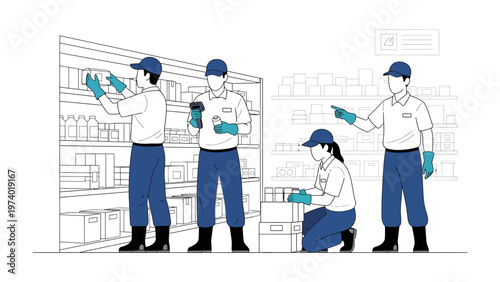 Team of Workers in Production Warehouse: A team of dedicated workers meticulously organizes and inspects goods within a spacious production warehouse, ensuring order and efficiency. 