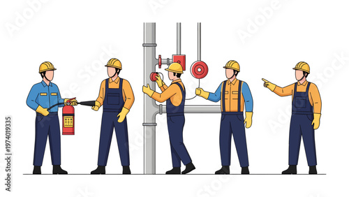 Safety First: Illustrative portrayal of industrial workers actively engaged in safety protocols, ensuring a secure environment through maintenance, inspections, and preparedness. 