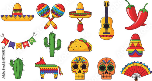 Mexican Culture Vector Set with Sombrero Guitar Taco Cactus Skull Isolated on White Background