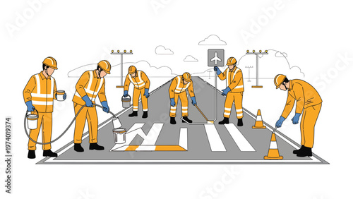 Road Marking Team: An illustration that captures a group of road workers, diligently painting and marking the road surface with precision, ensuring safety and clarity for all travelers. 