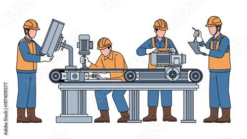 Industry Professionals at Work: A team of skilled industry workers diligently inspects and maintains industrial machinery, focusing on the details and ensuring smooth operations