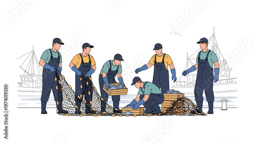Coastal Workforce: A team of dedicated fishermen engage in the traditional practice of their trade, sorting and preparing their catch by the coast. 