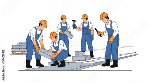 Construction Crew at Work: Illustrative depiction of a construction crew meticulously laying paving stones, showcasing the dedication and teamwork involved in building a durable pathway.