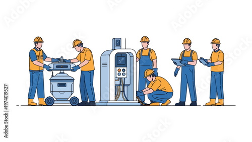 Engineers at Work: A team of engineers and technicians collaborate to inspect and service machinery, showcasing their expertise and dedication in a modern industrial setting.