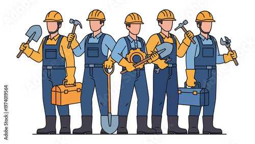 Construction Crew: A team of construction workers stand united, displaying essential tools, highlighting their commitment to building and infrastructure.