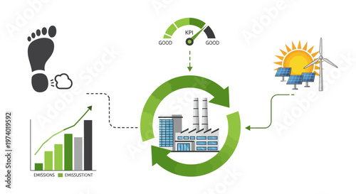 A vector illustration shows a factory in a recycling loop, with a carbon footprint and rising chart indicating emissions reduction, set against a clean white background that conveys